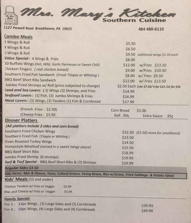 Mrs. Mary's Kitchen - Brookhaven, PA menu_pic
