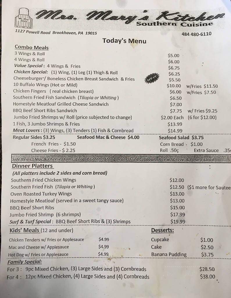 Mrs. Mary's Kitchen - Brookhaven, PA menu_pic