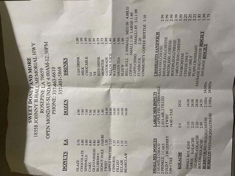 Sweet Doughnuts & More - Rosepine, LA menu_pic