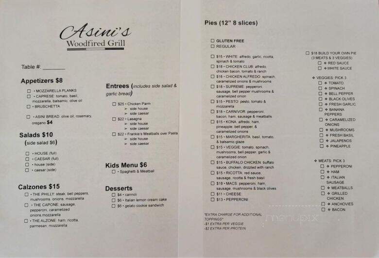 Asini's Woodfired Grill - Crawfordville, FL menu_pic