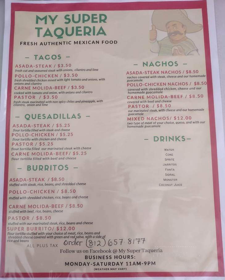 My Super Taqueria - Franklin, IN menu_pic