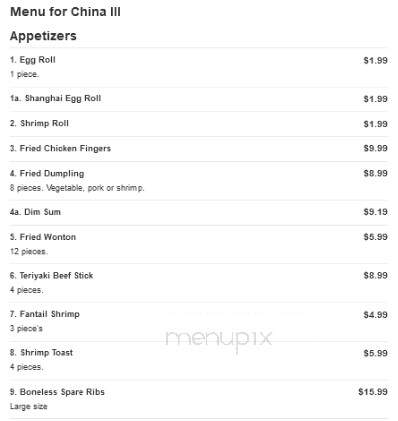 China III - Tannersville, PA menu_pic