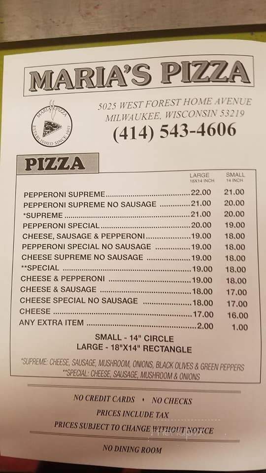 Marie's Pizza - Milwaukee, WI menu_pic