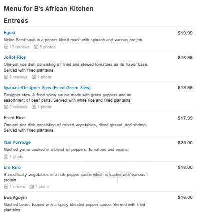 B's African Kitchen - Houston, TX menu_pic
