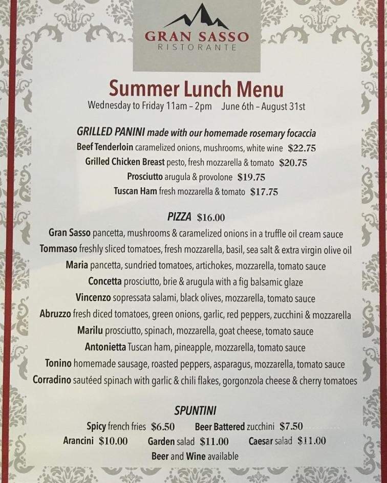 Gran Sasso Restaurant - Brantford, ON menu_pic