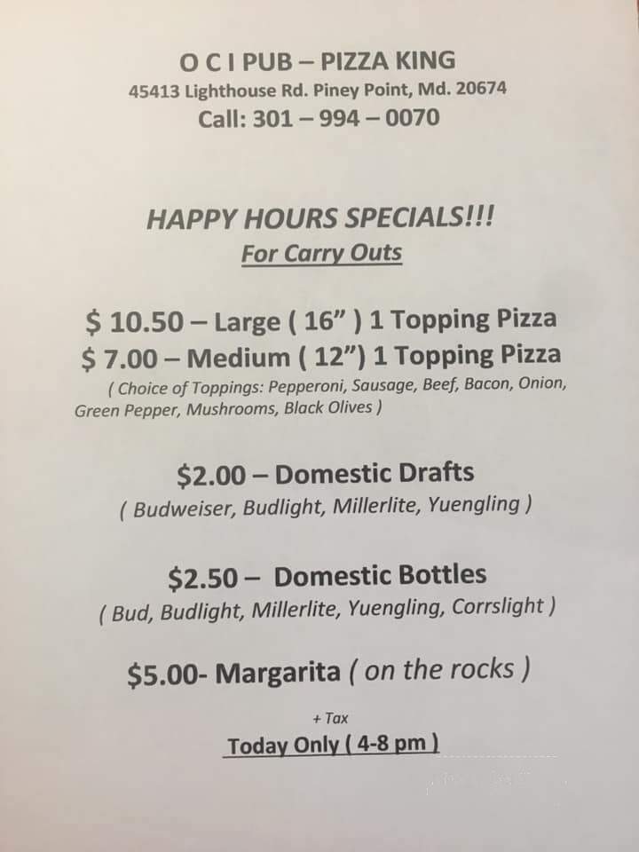 Oci Night Club - Piney Point, MD menu_pic