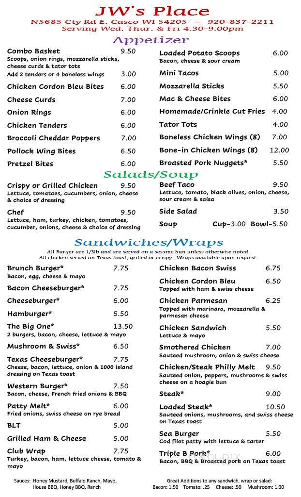 JW's Place - Casco, WI menu_pic