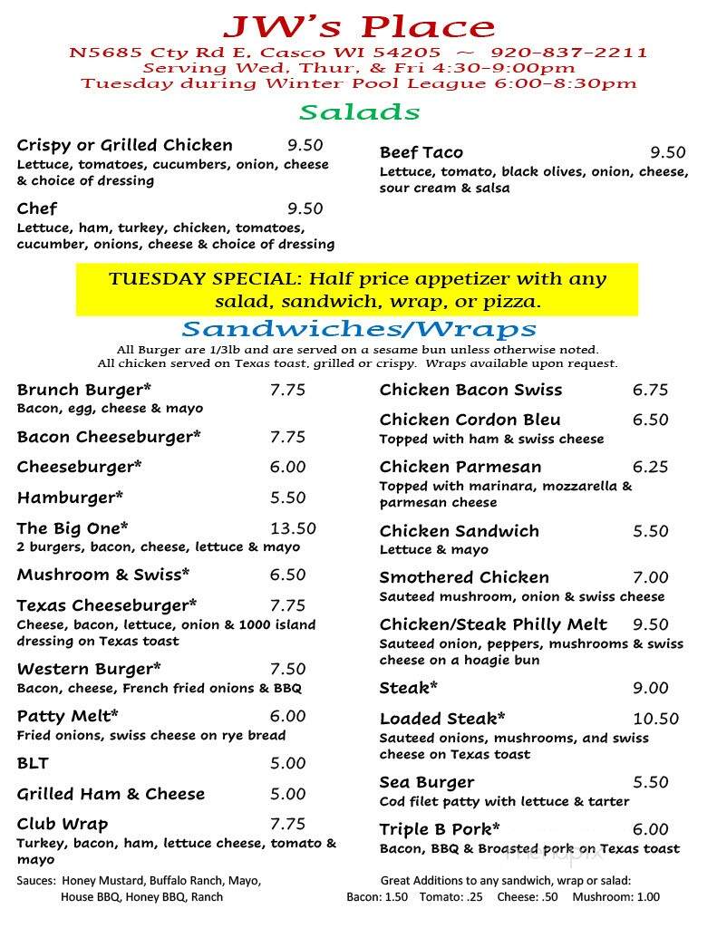 JW's Place - Casco, WI menu_pic