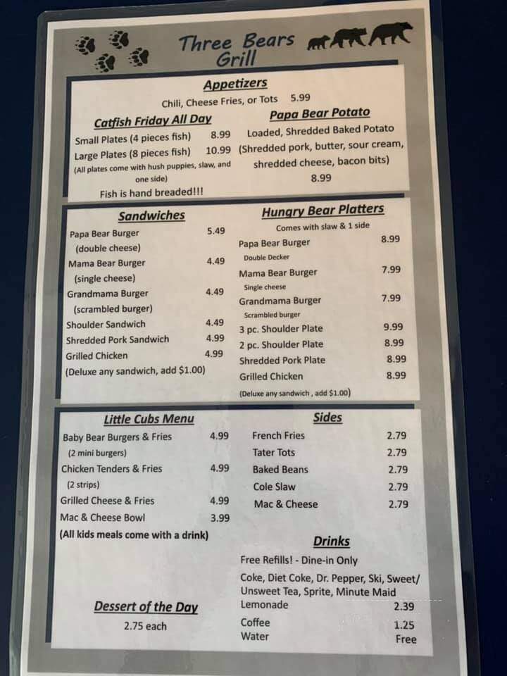 Three Bears Grill - Cave City, KY menu_pic