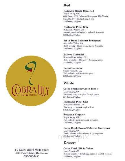 Cobra Lily Bar & Bottle - Dunsmuir, CA menu_pic