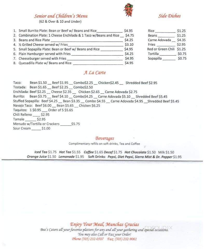 Bea's Mexican Restaurant 2 - Albuquerque, NM menu_pic