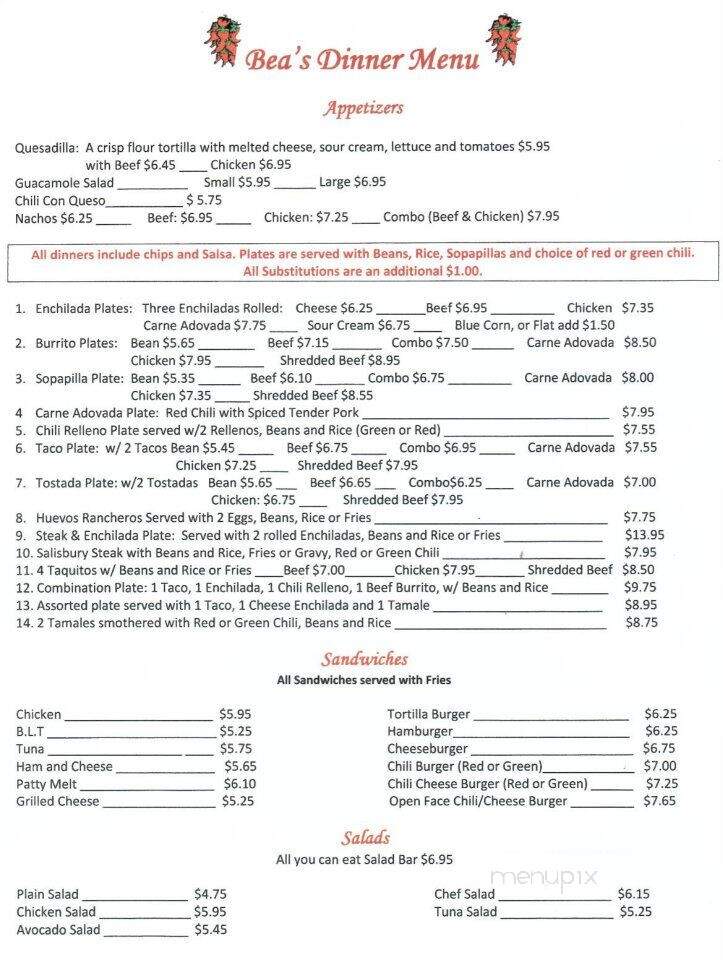 Bea's Mexican Restaurant 2 - Albuquerque, NM menu_pic