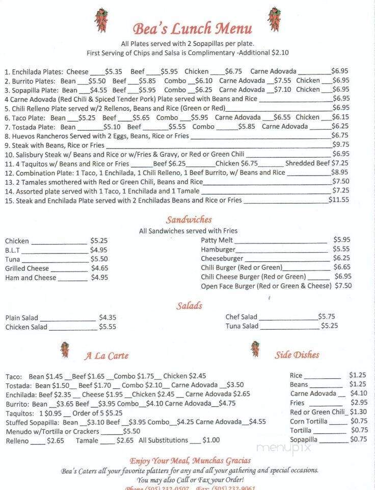 Bea's Mexican Restaurant 2 - Albuquerque, NM menu_pic