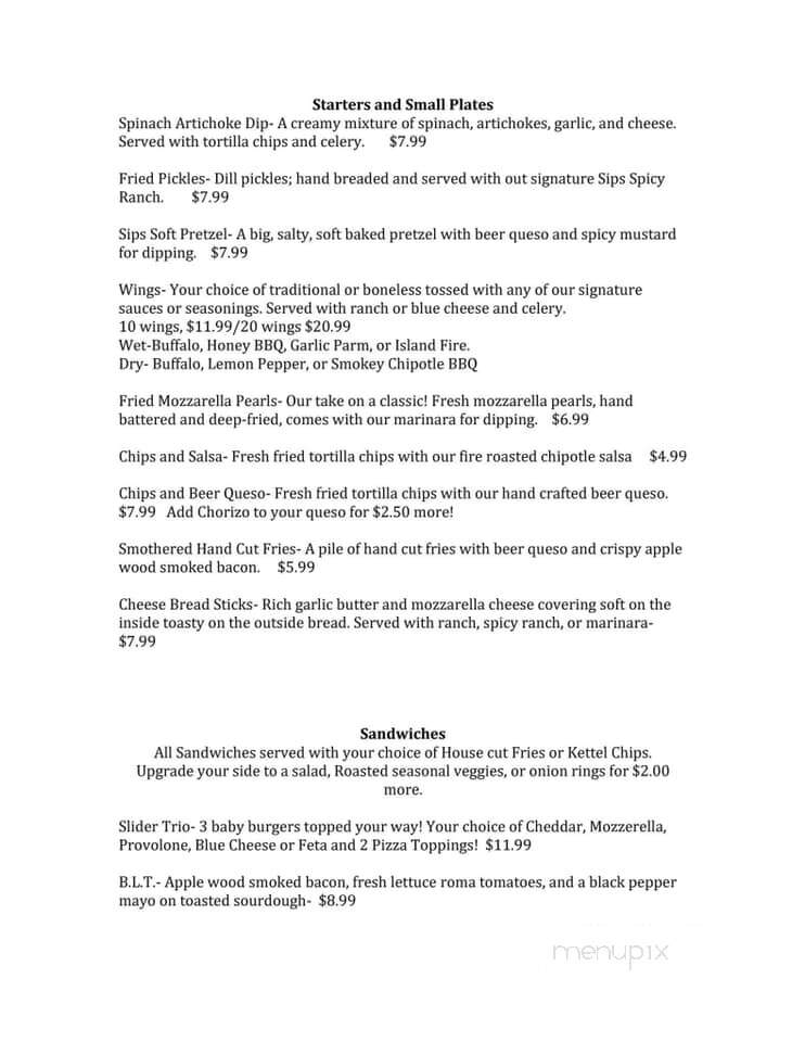 Sips Bar and Restaurant - Branson, MO menu_pic