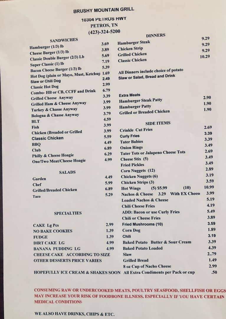 Brushy Mountain Grill - Wartburg, TN menu_pic