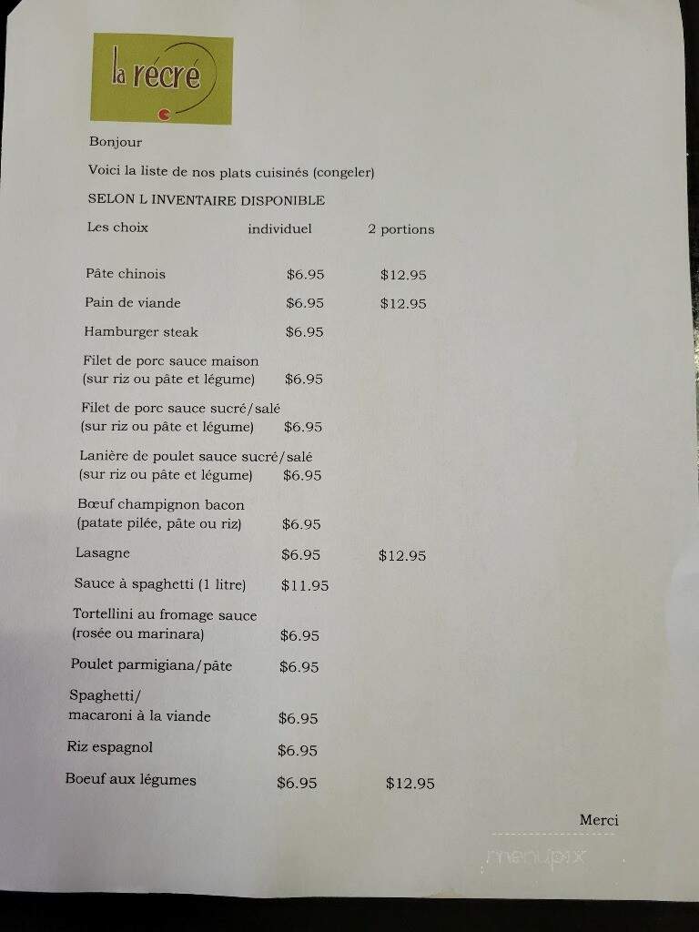 La Recre Restaurant - Longueuil, QC menu_pic
