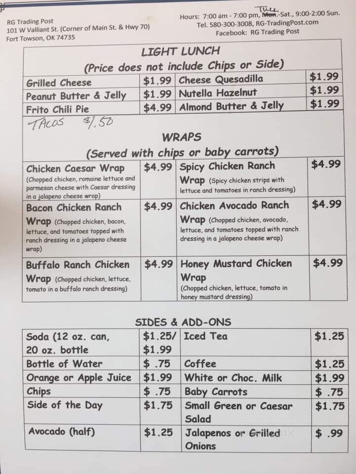 RG Trading Post - Fort Towson, OK menu_pic
