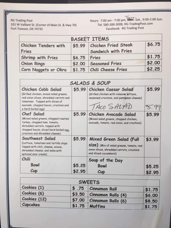 RG Trading Post - Fort Towson, OK menu_pic