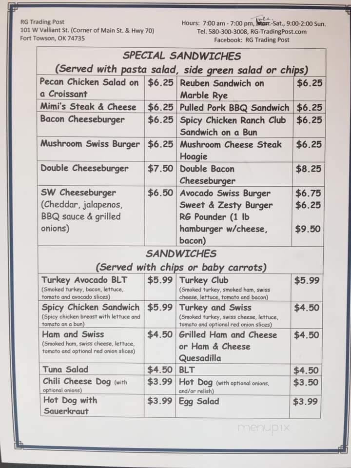 RG Trading Post - Fort Towson, OK menu_pic