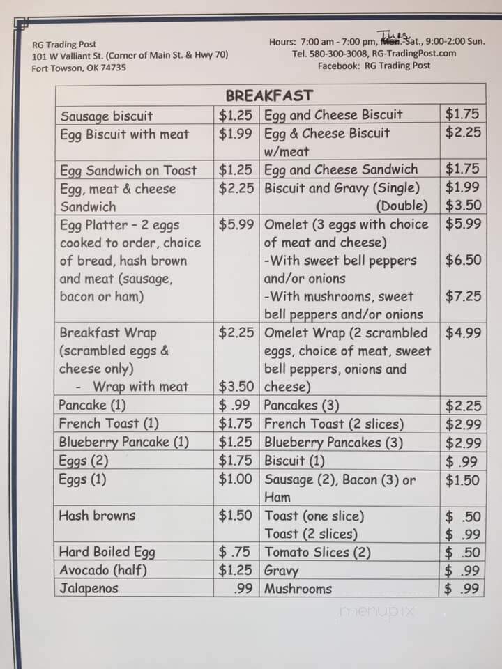 RG Trading Post - Fort Towson, OK menu_pic