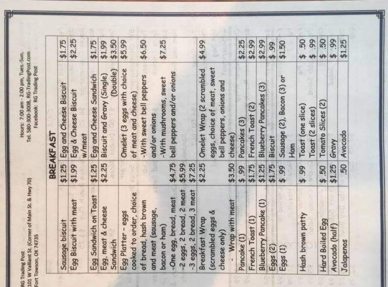 RG Trading Post - Fort Towson, OK menu_pic