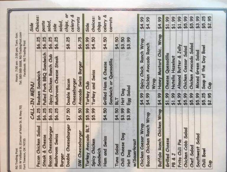 RG Trading Post - Fort Towson, OK menu_pic