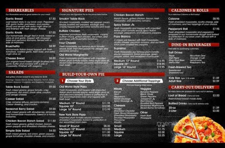 Online Menu of Table Rock Pizza Millersburg OH