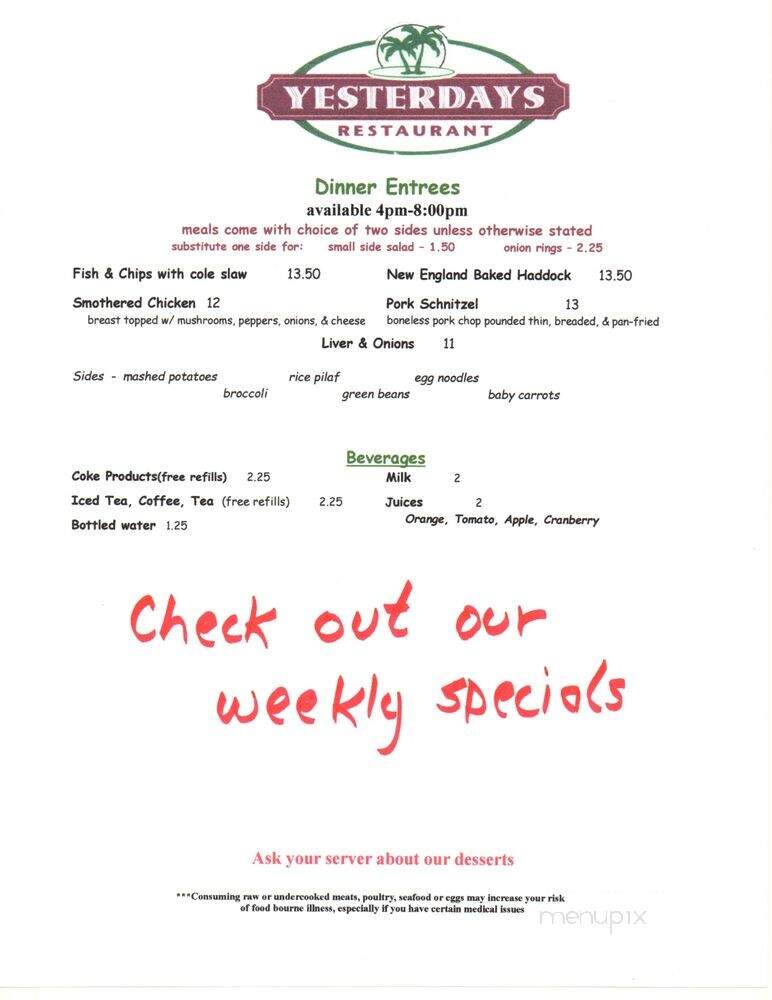 Yesterdays Restaurant - Ocala, FL menu_pic