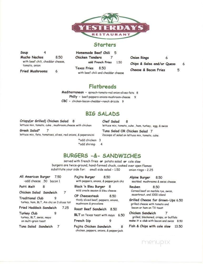 Yesterdays Restaurant - Ocala, FL menu_pic