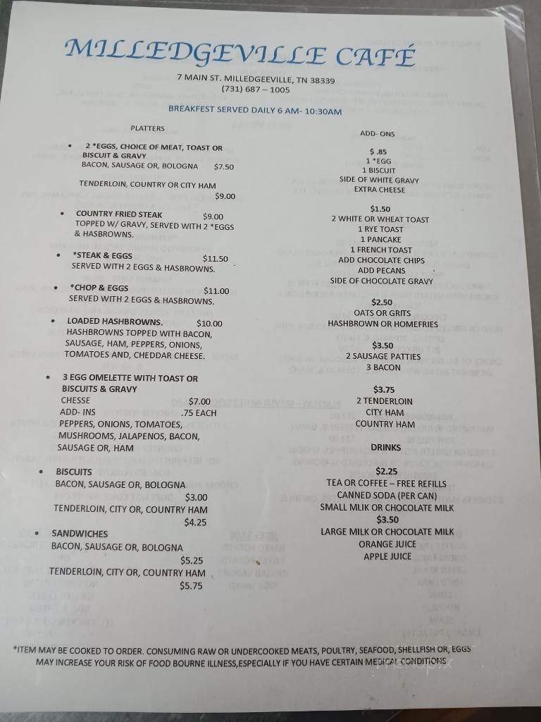 Milledgeville Cafe - Milledgeville, TN menu_pic