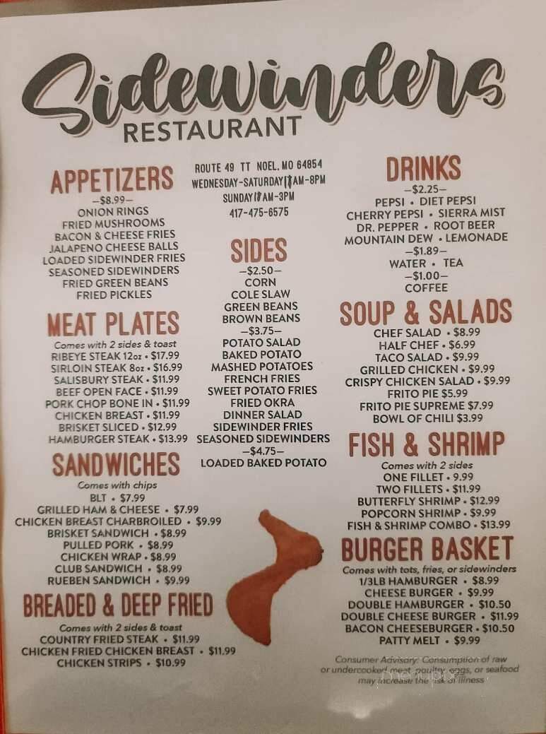 Sidewinders - Noel, MO menu_pic