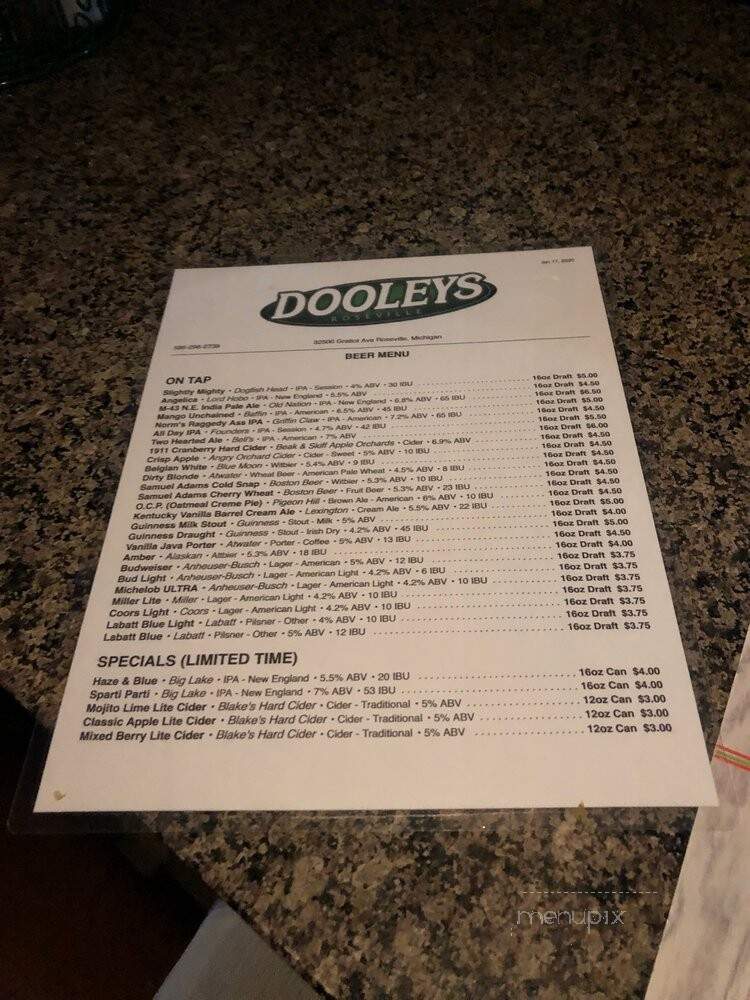 Dooley's Tavern - Roseville, MI menu_pic