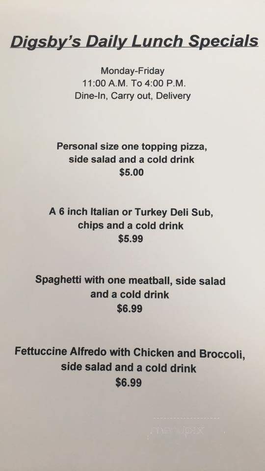 Digsby's Pizza Pasta & Pub Grub - Seville, OH menu_pic
