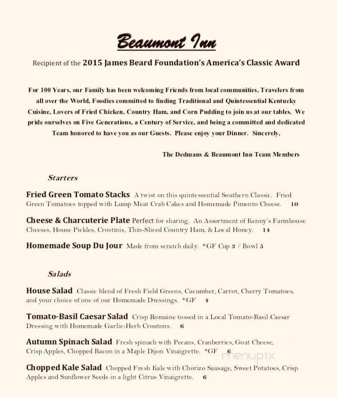 Beaumont Inn - Harrodsburg, KY menu_pic
