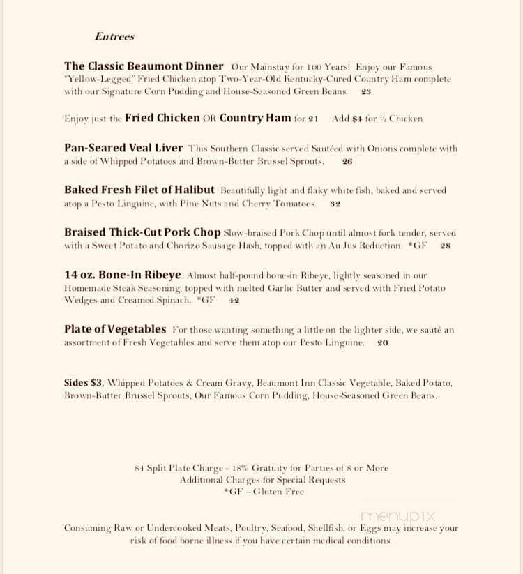 Beaumont Inn - Harrodsburg, KY menu_pic