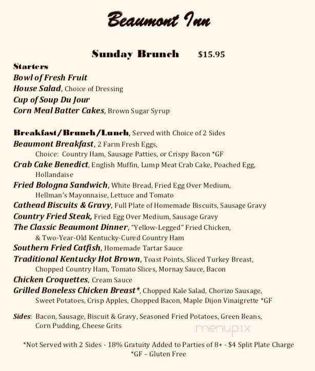 Beaumont Inn - Harrodsburg, KY menu_pic