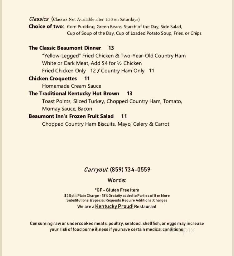 Beaumont Inn - Harrodsburg, KY menu_pic