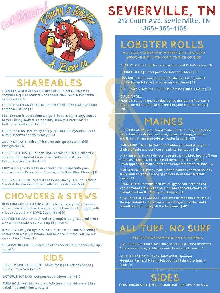 Pinchy's Lobster & Beer - Sevierville, TN menu_pic
