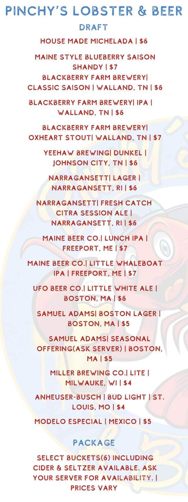 Pinchy's Lobster & Beer - Sevierville, TN menu_pic