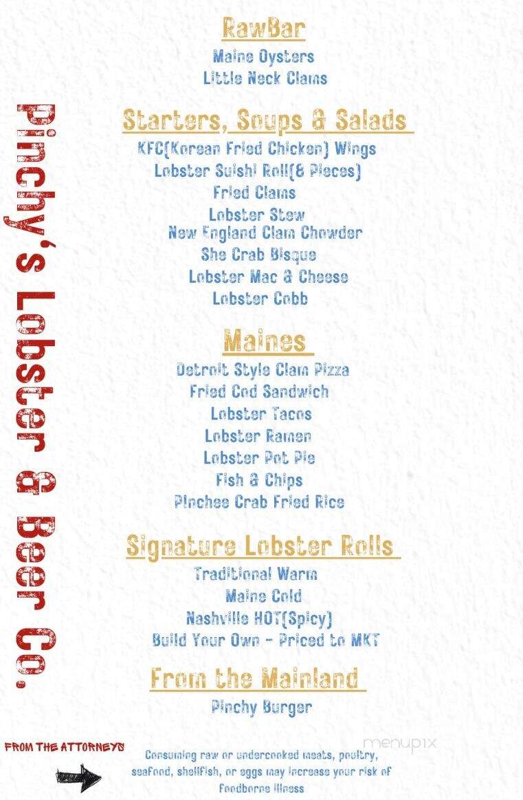 Pinchy's Lobster & Beer - Sevierville, TN menu_pic