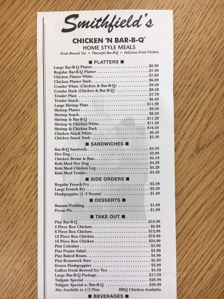 Smithfield's Chicken 'N Bar-B-Q - Southern Pines, NC menu_pic