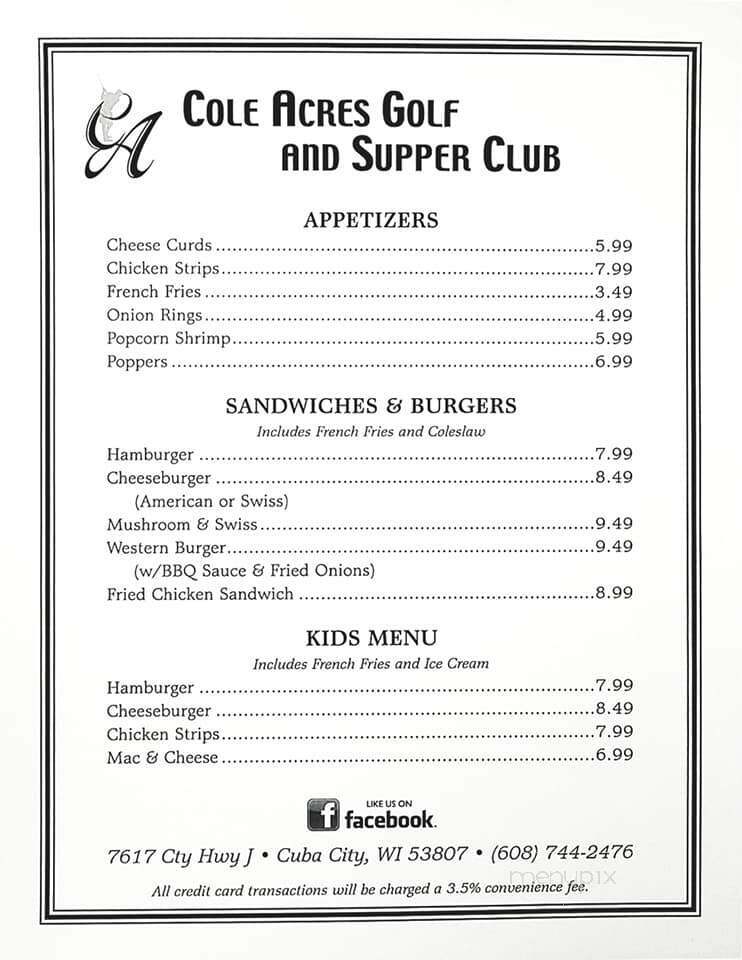 Cole Acres Golf Course - Cuba City, WI menu_pic