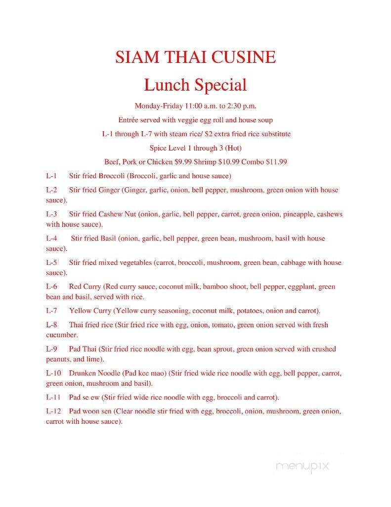 Siam Thai Cuisine - Otto, NC menu_pic
