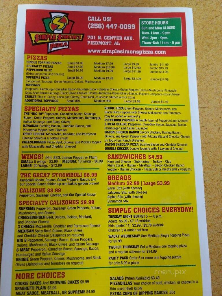 Simple Simon's Pizza - Piedmont, AL menu_pic