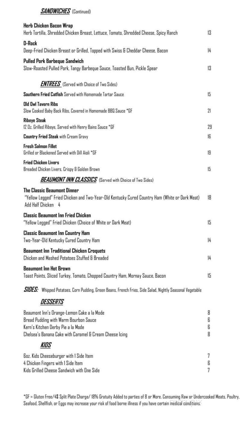 Old Owl Tavern - Harrodsburg, KY menu_pic