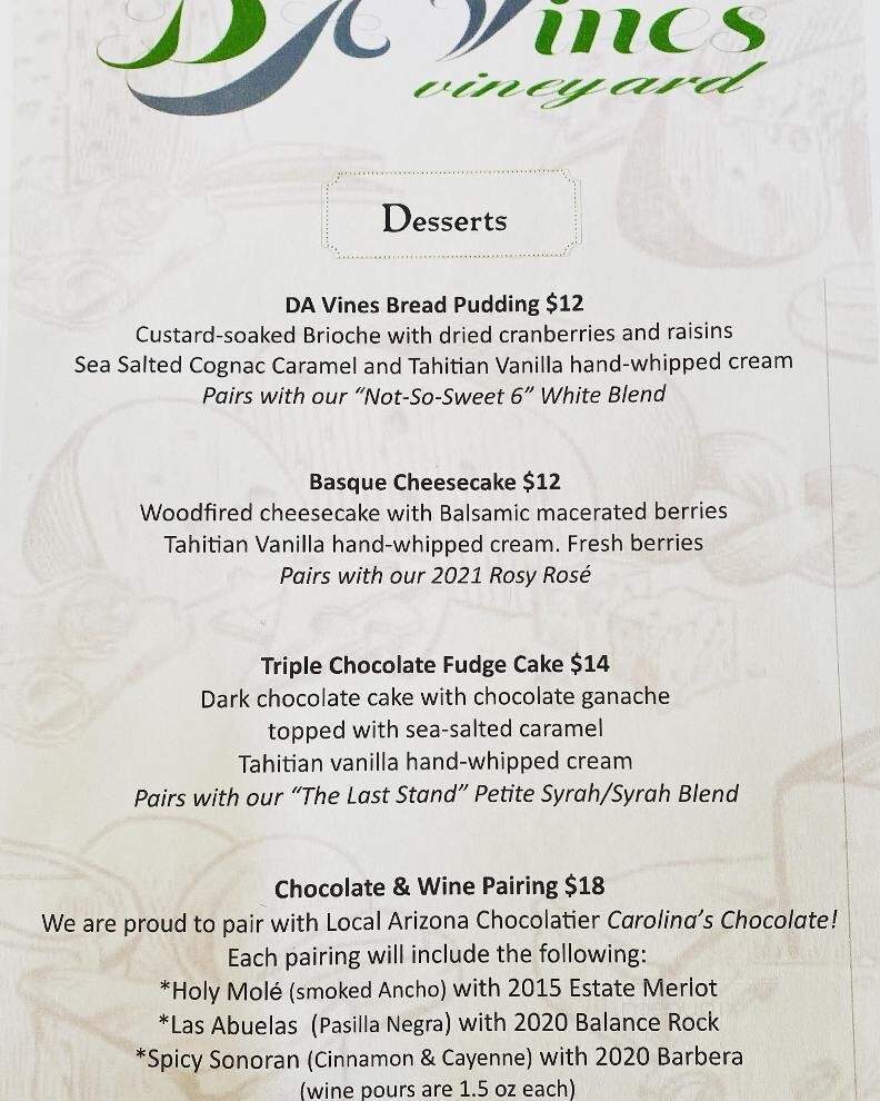 DA Vines Vineyard Wines & Bistro - Cottonwood, AZ menu_pic