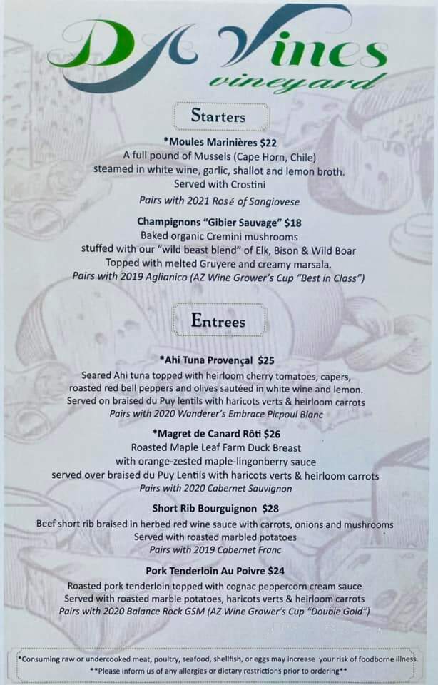 DA Vines Vineyard Wines & Bistro - Cottonwood, AZ menu_pic