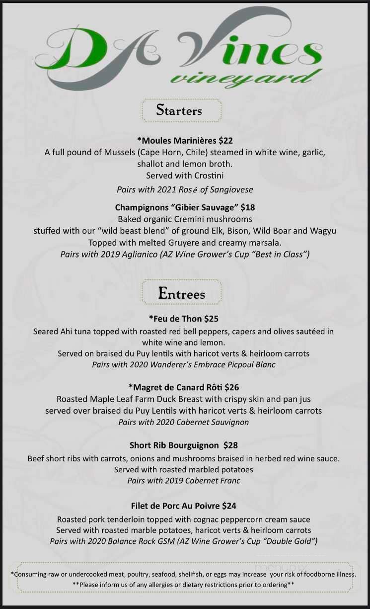 DA Vines Vineyard Wines & Bistro - Cottonwood, AZ menu_pic