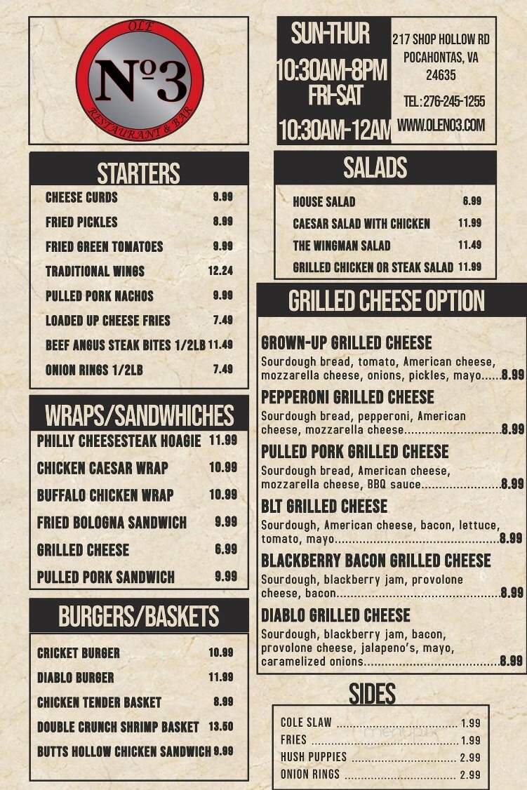 Ole No 3 Restaurant & Bar - Pocahontas, VA menu_pic