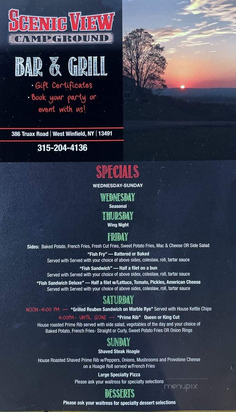 Scenic View Bar & Grill - West Winfield, NY menu_pic